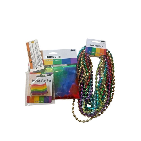 NWT Bundle 3 Pride Accessories Tie Dye Rainbow Bandana Beaded Necklaces Flag Pin - Picture 1 of 4